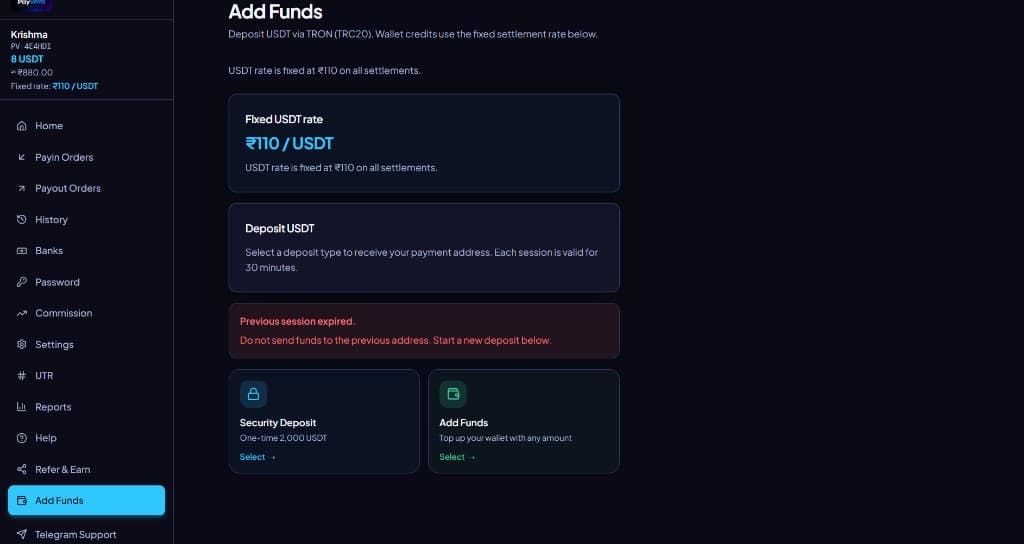 PAYVORA panel — Add Funds and security deposit options