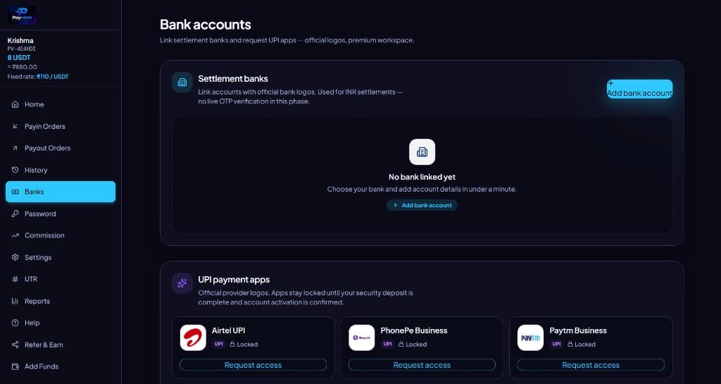 PAYVORA panel — bank accounts and UPI payment apps